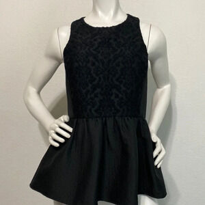 Tibi Virgin Wool Jacquard Brocade Peplum Sleeveless Black Blouse Size 0